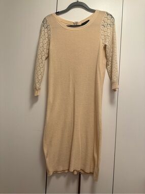 Cream Knit Dress with Lace Sleeves